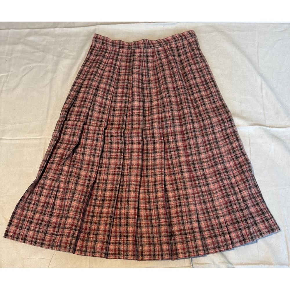 Vintage Pure New Wool Plaid Skirt Pink Grey Pleated A-Line Knee Length Size 12